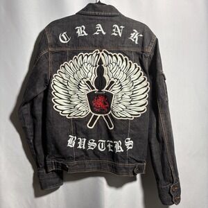 Y2K Mens Denim Jacket Embroidered‎ Angel Wings Crank Busters Streetwear 90s M